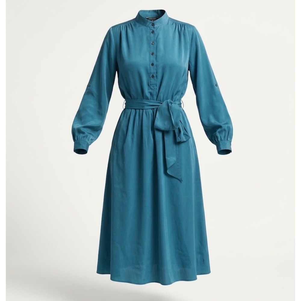 VTG 70s Chaus Teal Mock Neck Midi Dress sz XS/S Prairie Serena Joy Retro Cottage